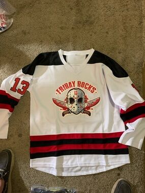 Friday Rocks White Hockey Jersey with Red & Black Details